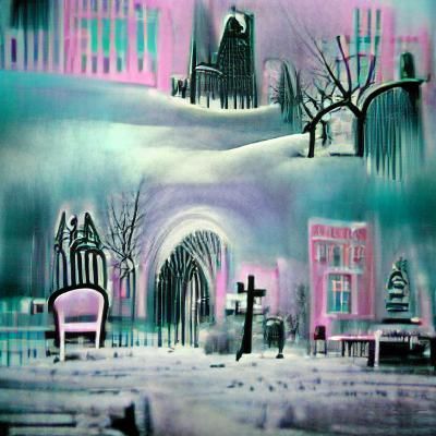 Pastel Gothic Winter Wonderland in Film Noir Style
