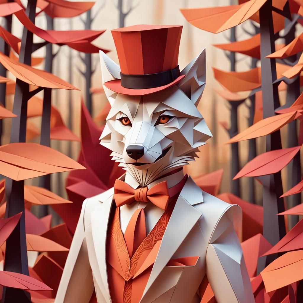 Origami Wolf in Forest, Geometric Fauvism Style