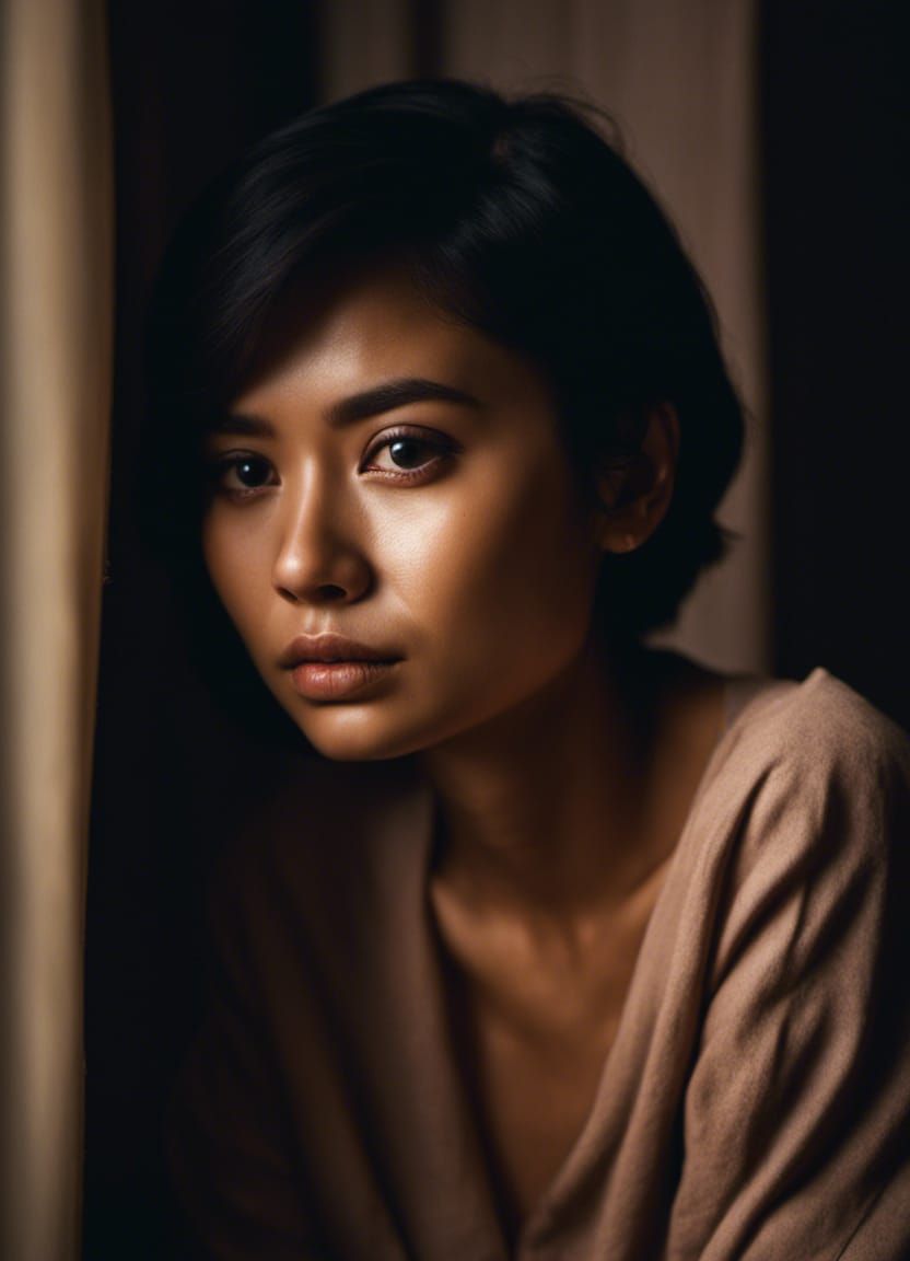 Distressed Woman Crying in a Dark Room