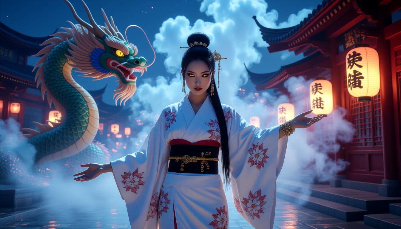Woman in White Kimono with Dragon, Futuristic Neon Art