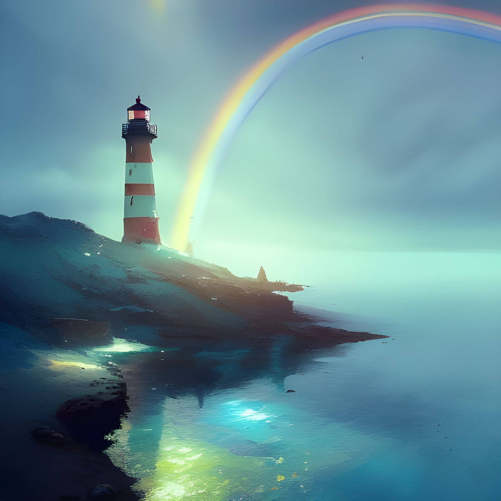 Lighthouse Under Rainbow at Sunset: Colorful Matte Painting