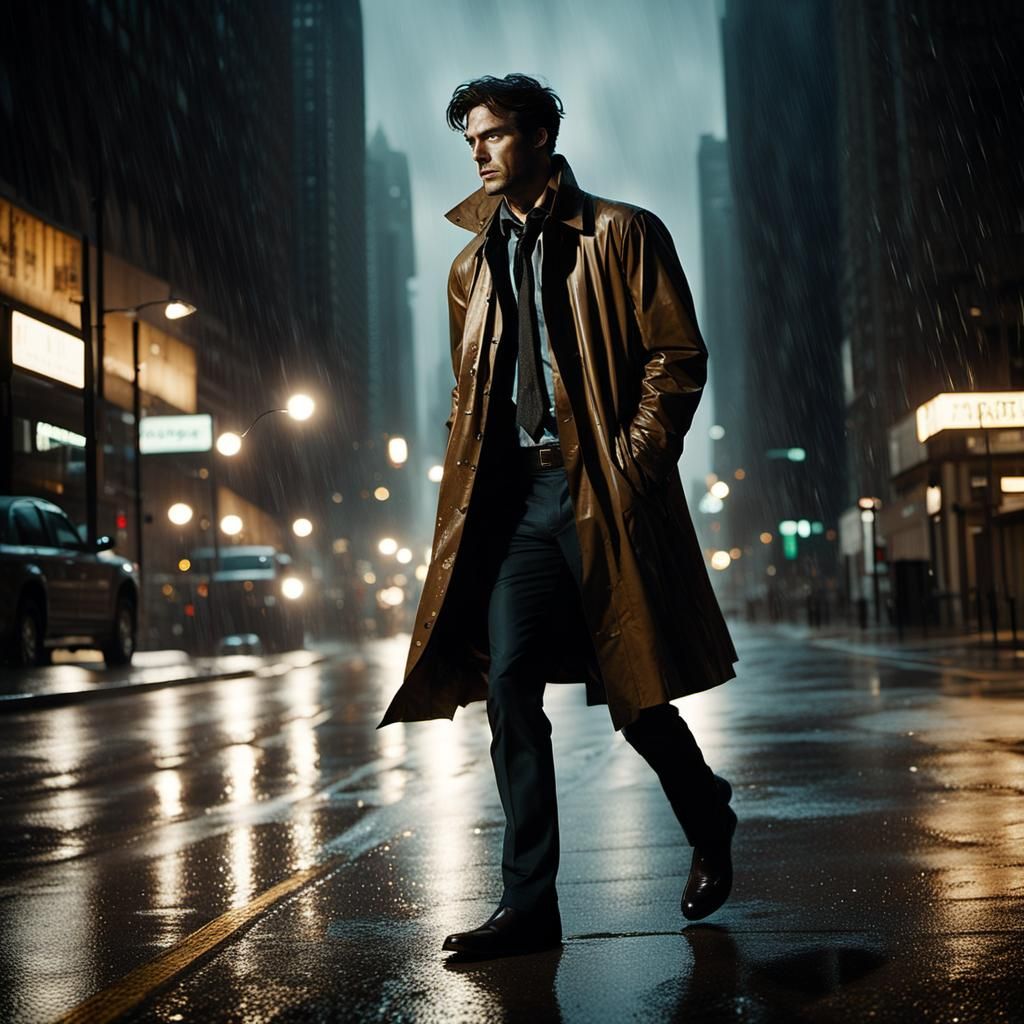 Gritty Film Noir Detective on Rainy City Street