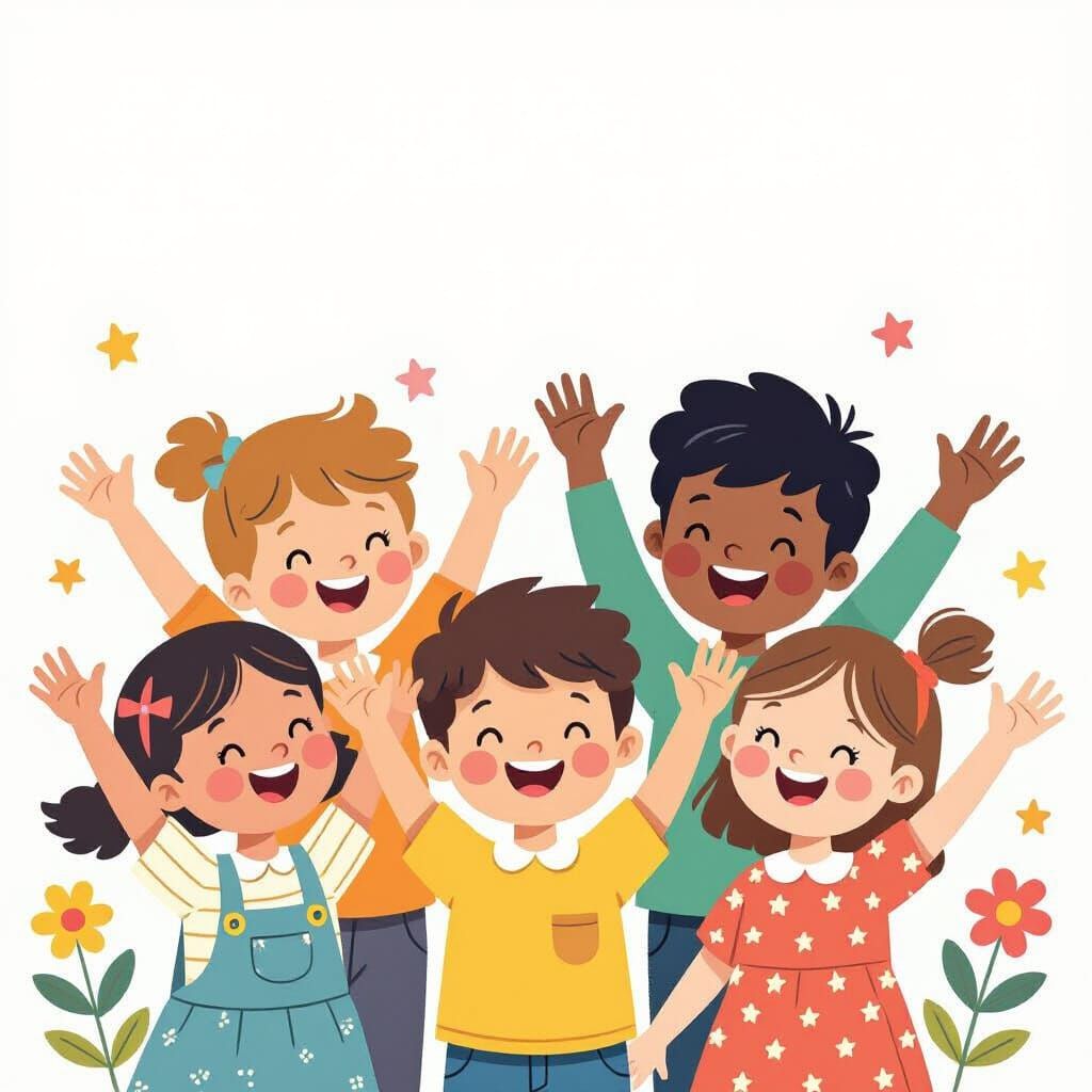 Happy Preschool Kids Waving in Storybook Style