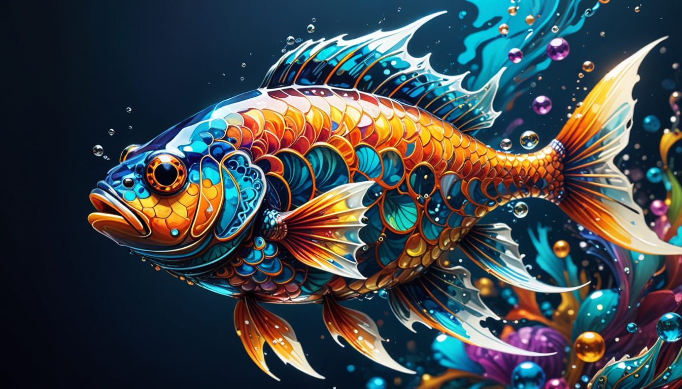 Glass Fish School in Abstract Vector Fractal Style