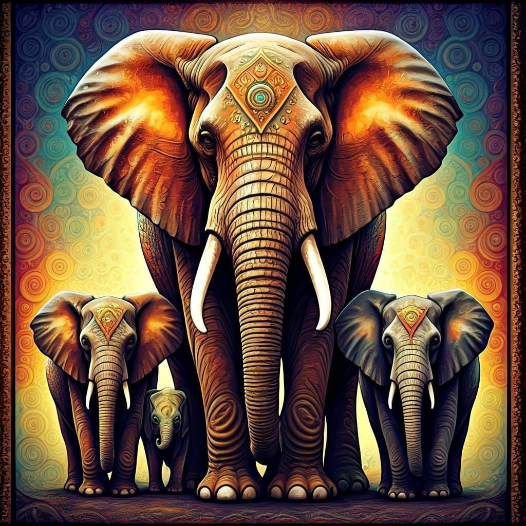 Elephant Matriarch in Vibrant Tribal Art Style