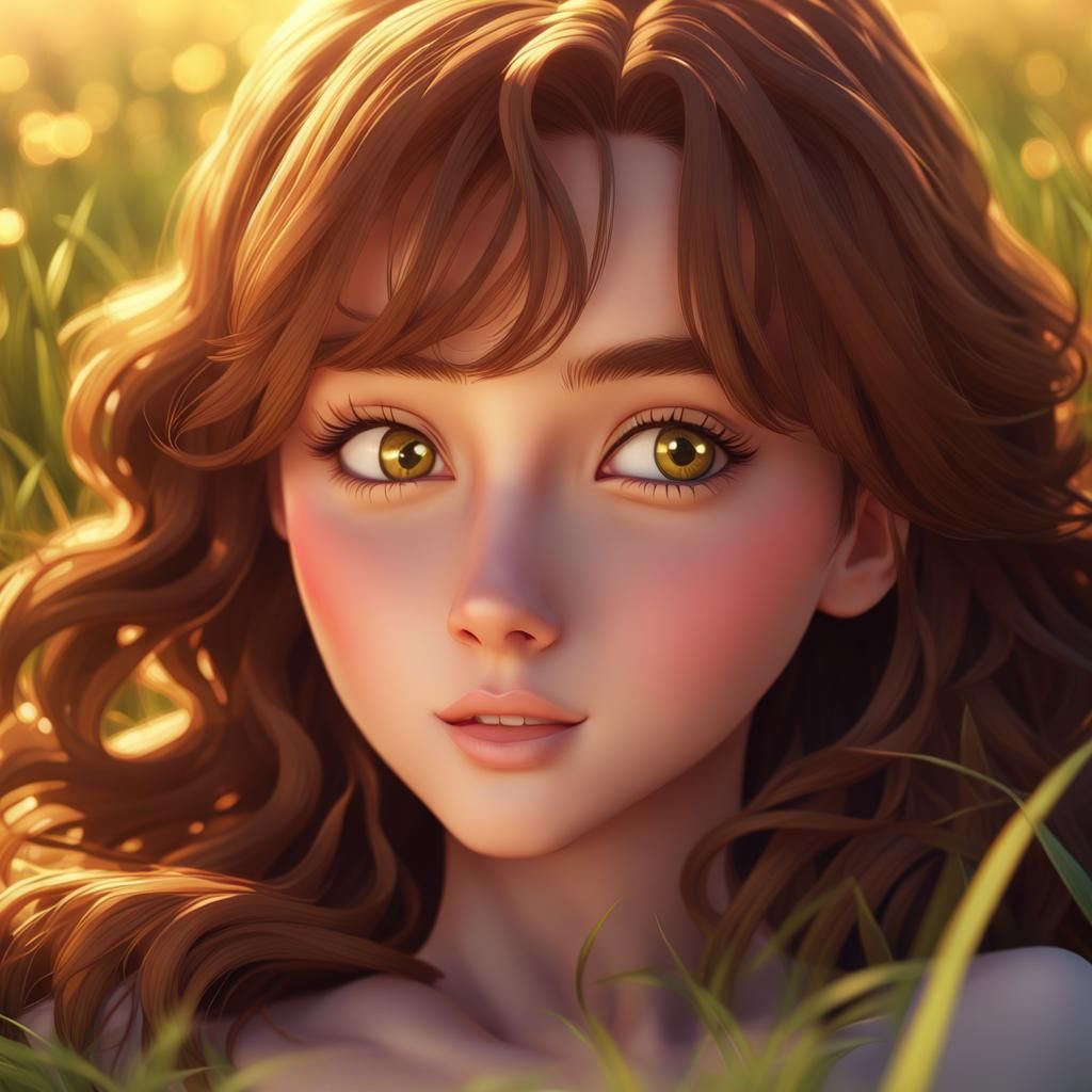 Anime Girl in Grass at Sunset: 3D Digital Art