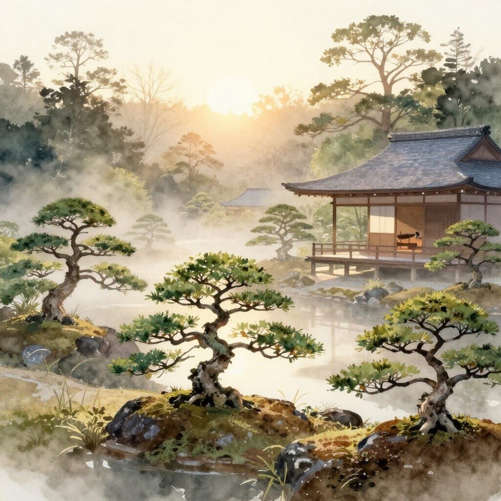 Serene Japanese Garden at Dawn in Watercolor Style