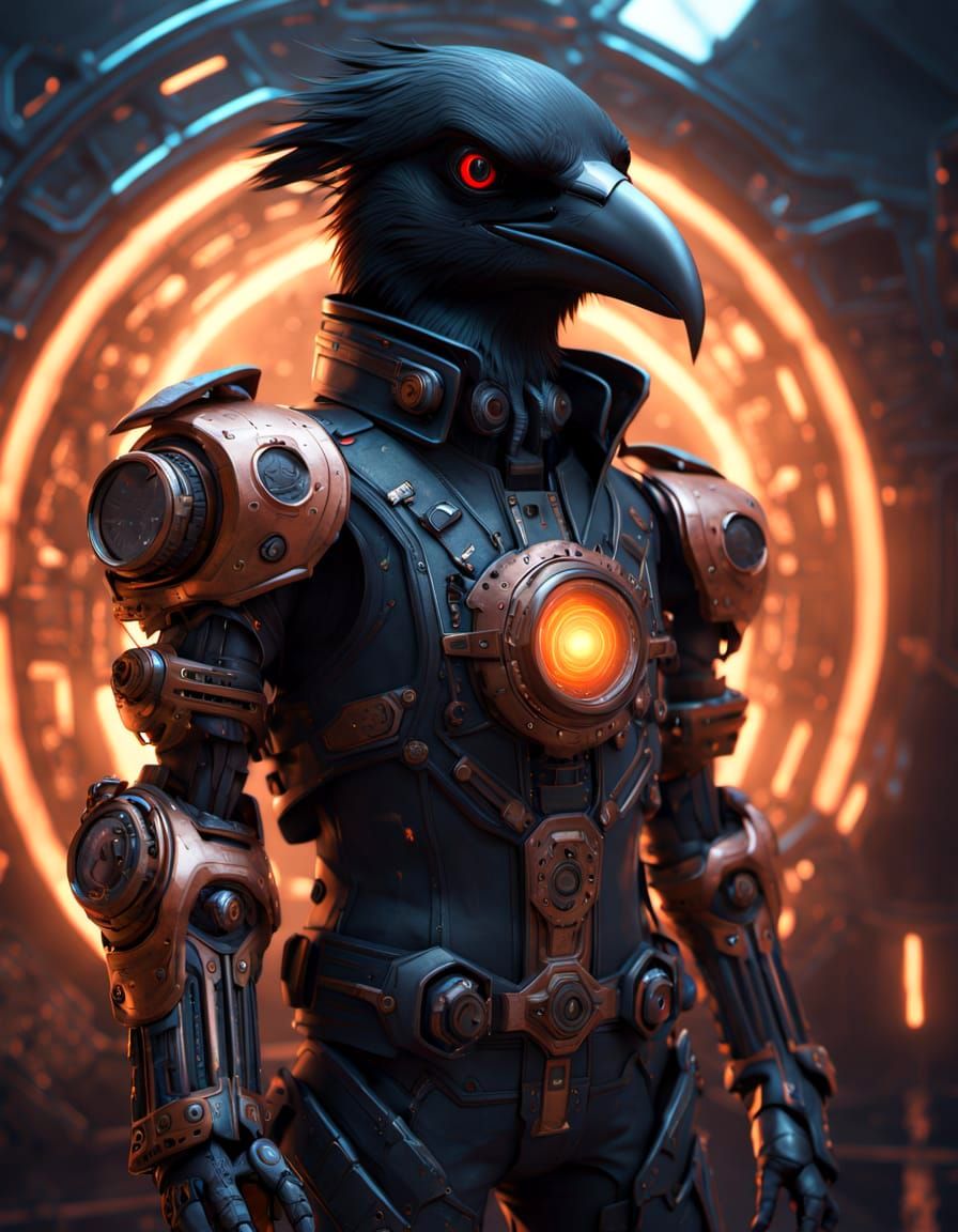 Steampunk Cyborg Crow in Bismuth Fractals