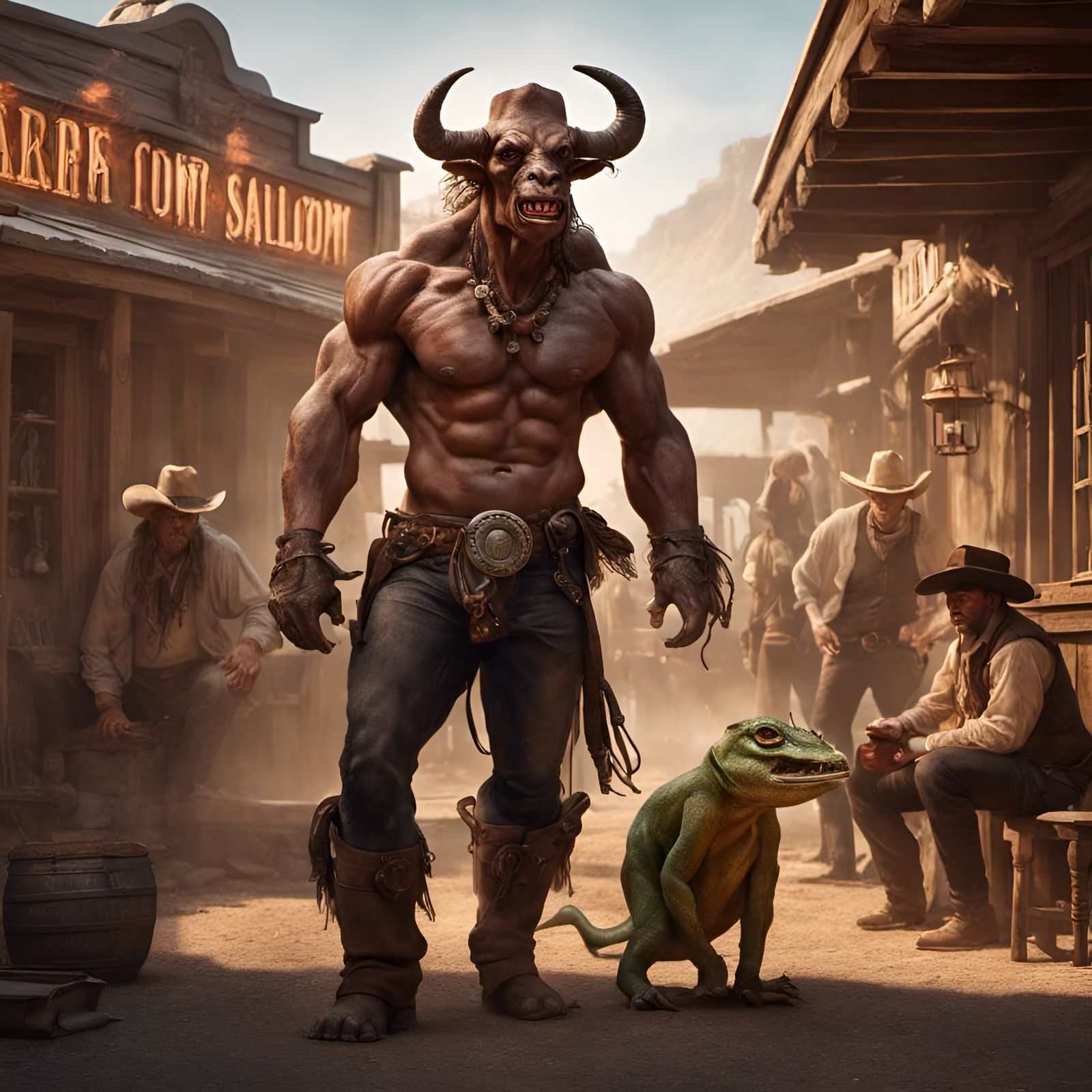 Hyperrealistic Minotaur in Far West Saloon