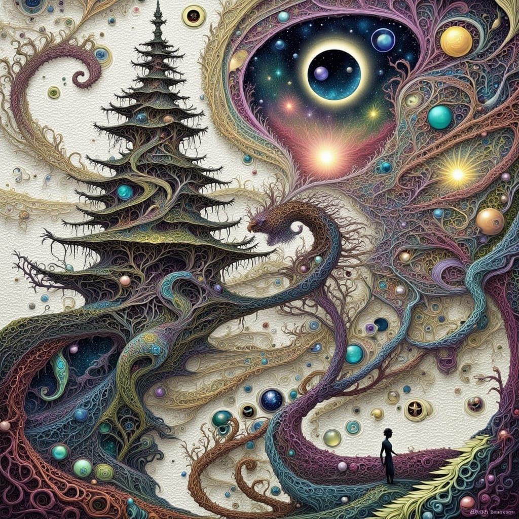 Intergalactic Tree with Flowing Roots as Impasto Collage