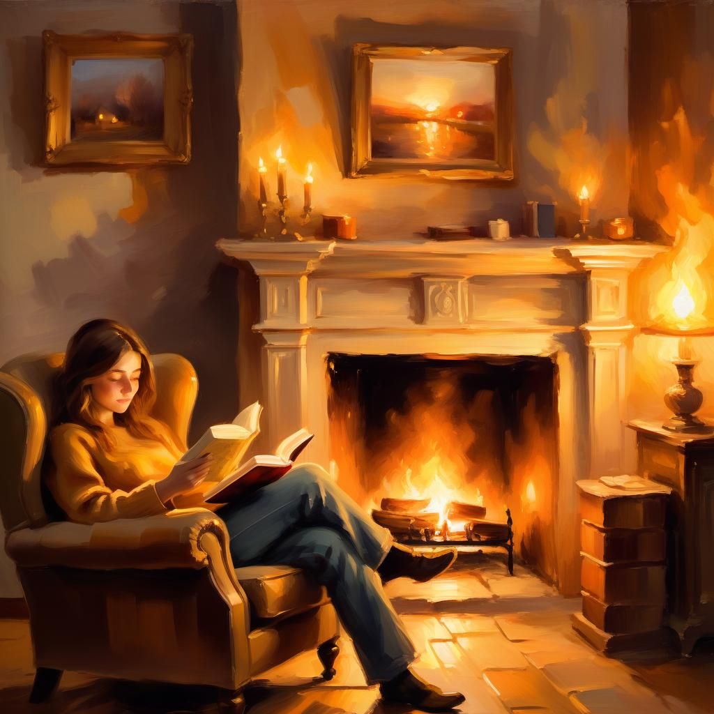 Cozy Impressionist Oil Painting of Reader by Fire