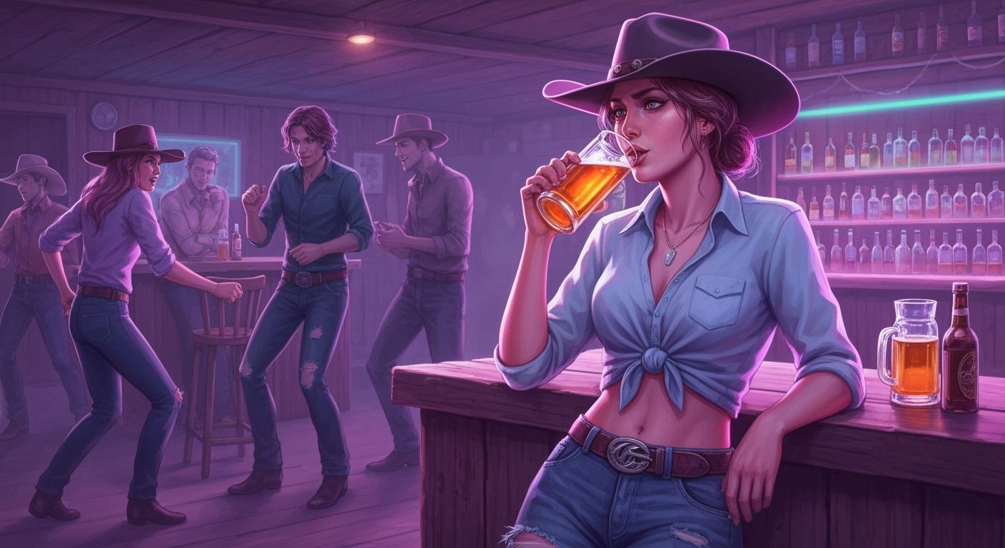 Cowgirl at Rustic Bar in Dreamlike Digital Painting