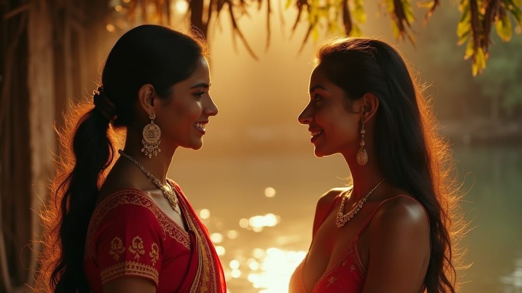 South Indian Woman Meets English Woman: Cinematic Film Still