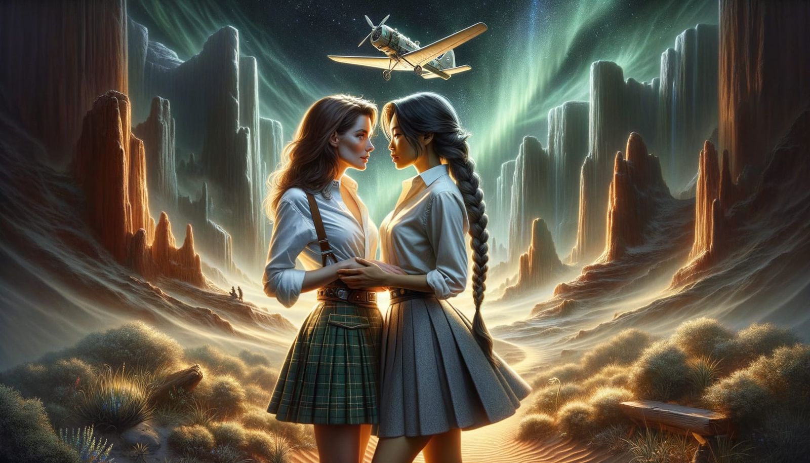 Romantic Desert Kiss Under Sci-Fi Light