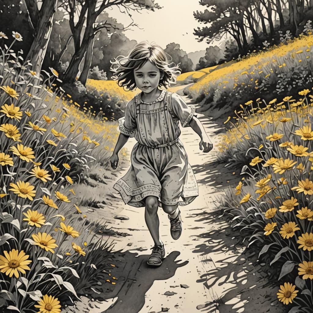 Girl Runs Through Daisies: Monochromatic Ink Drawing