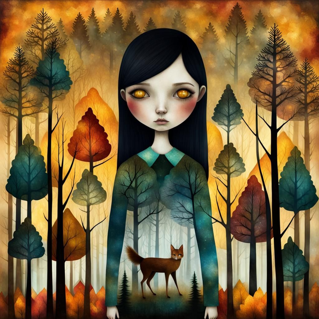 Double Exposure: Girl and Autumnal Forest