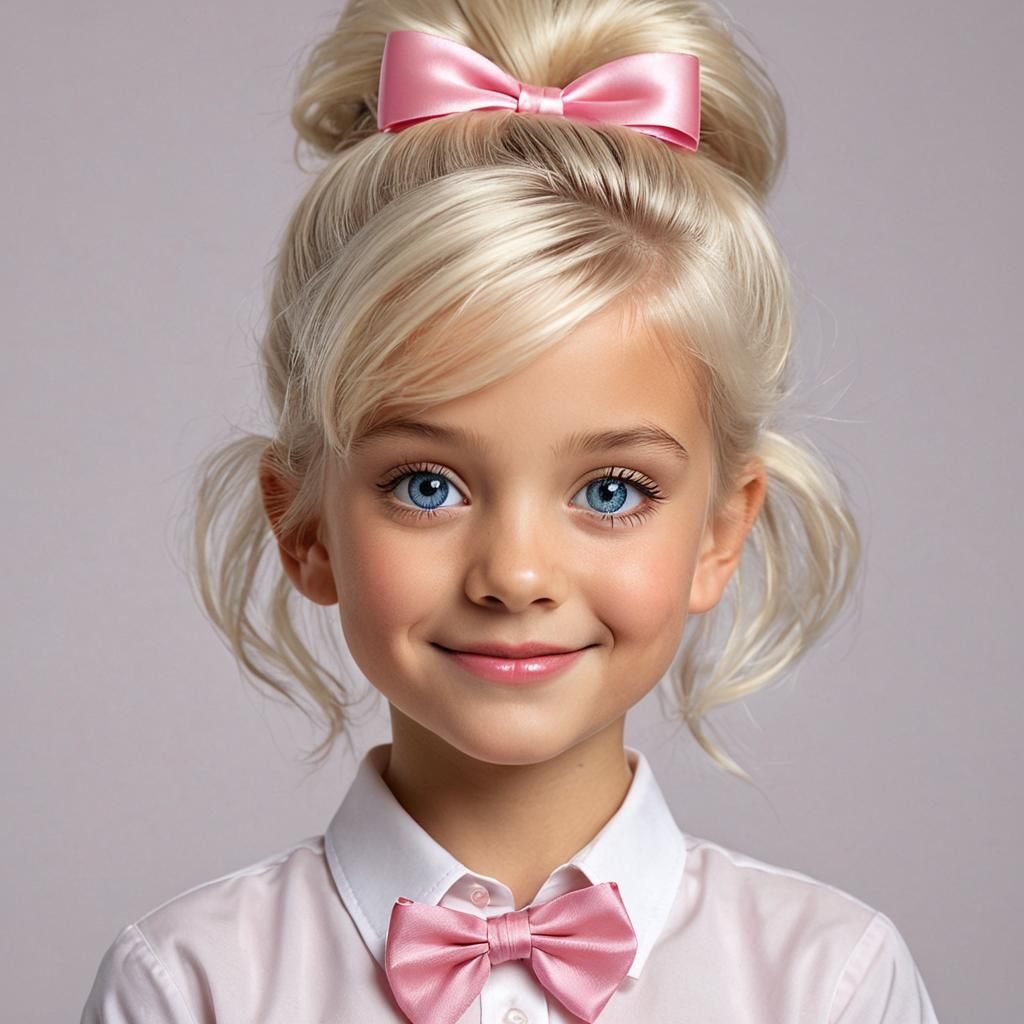 Platinum Blonde Girl Portrait with Pink Bow in Dreamy Light