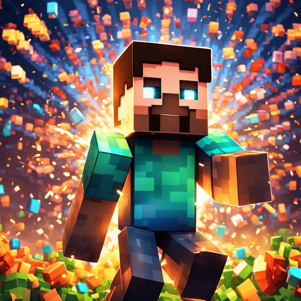 Minecraft Character Celebrates with Fireworks in Pixel Art