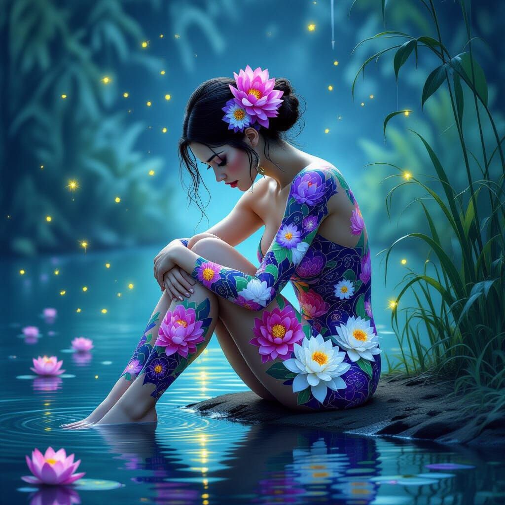Hyper-Realistic Woman Adorned With Lotus Designs at Night Po...