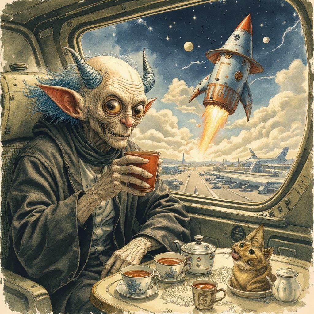 Alien Tea Ceremony in Rocket, Expressionist Style