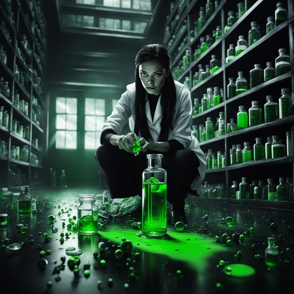 Monochrome Scientist Shocked by Green Liquid