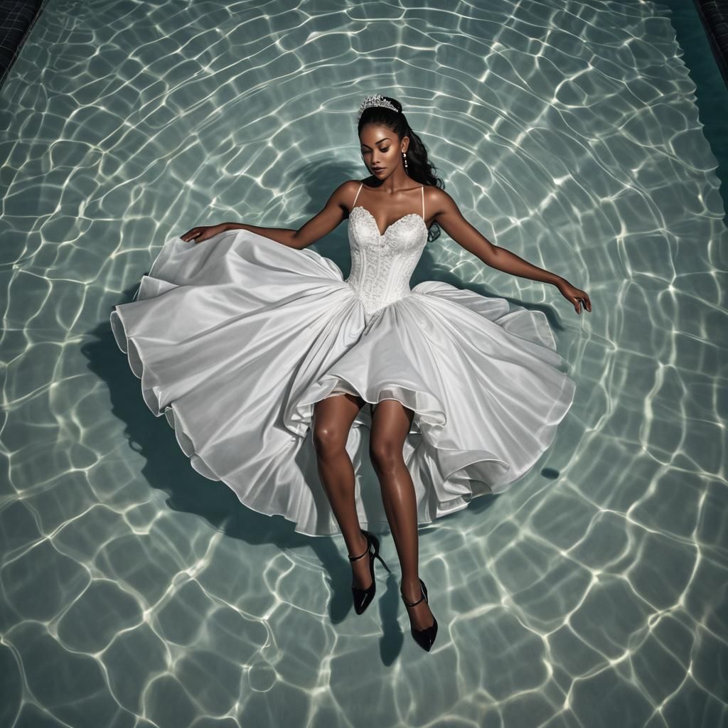 Woman in Ballgown Floating in Pool at Night