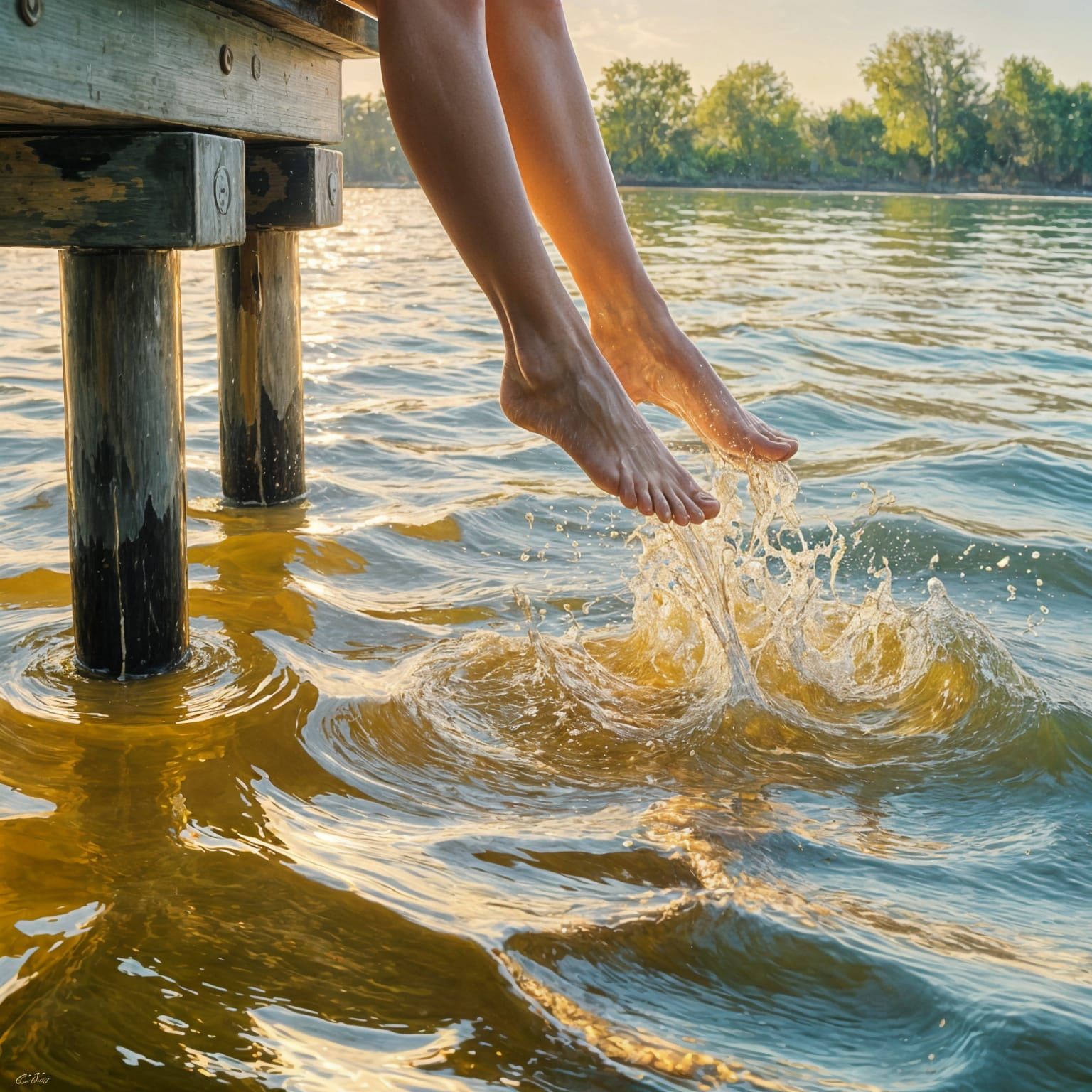 Feet Splashing off Pier in Impressionistic Oil Painting