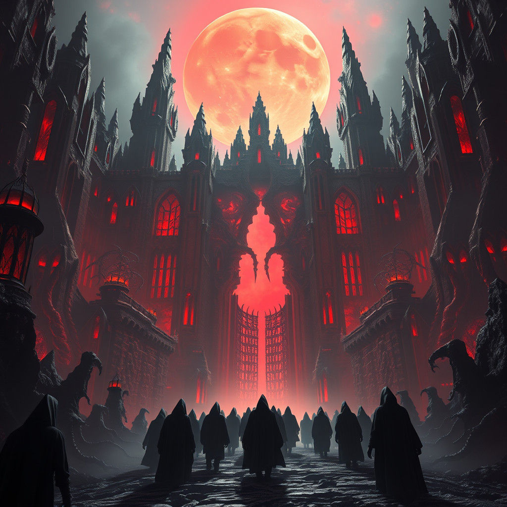 Eerie Citadel Under Crimson Moon in Gothic Fantasy Style