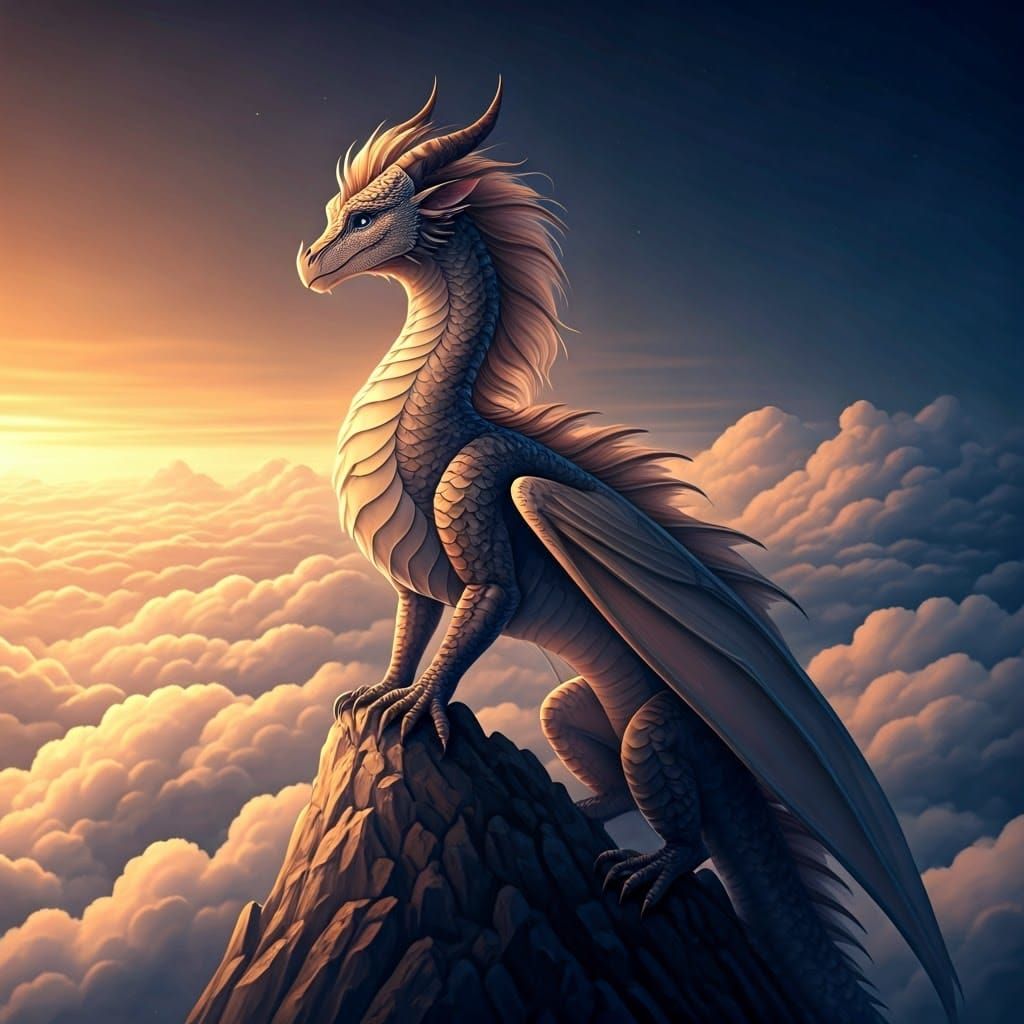 Regal Dragoness Soars on Cloudy Mountain Peak