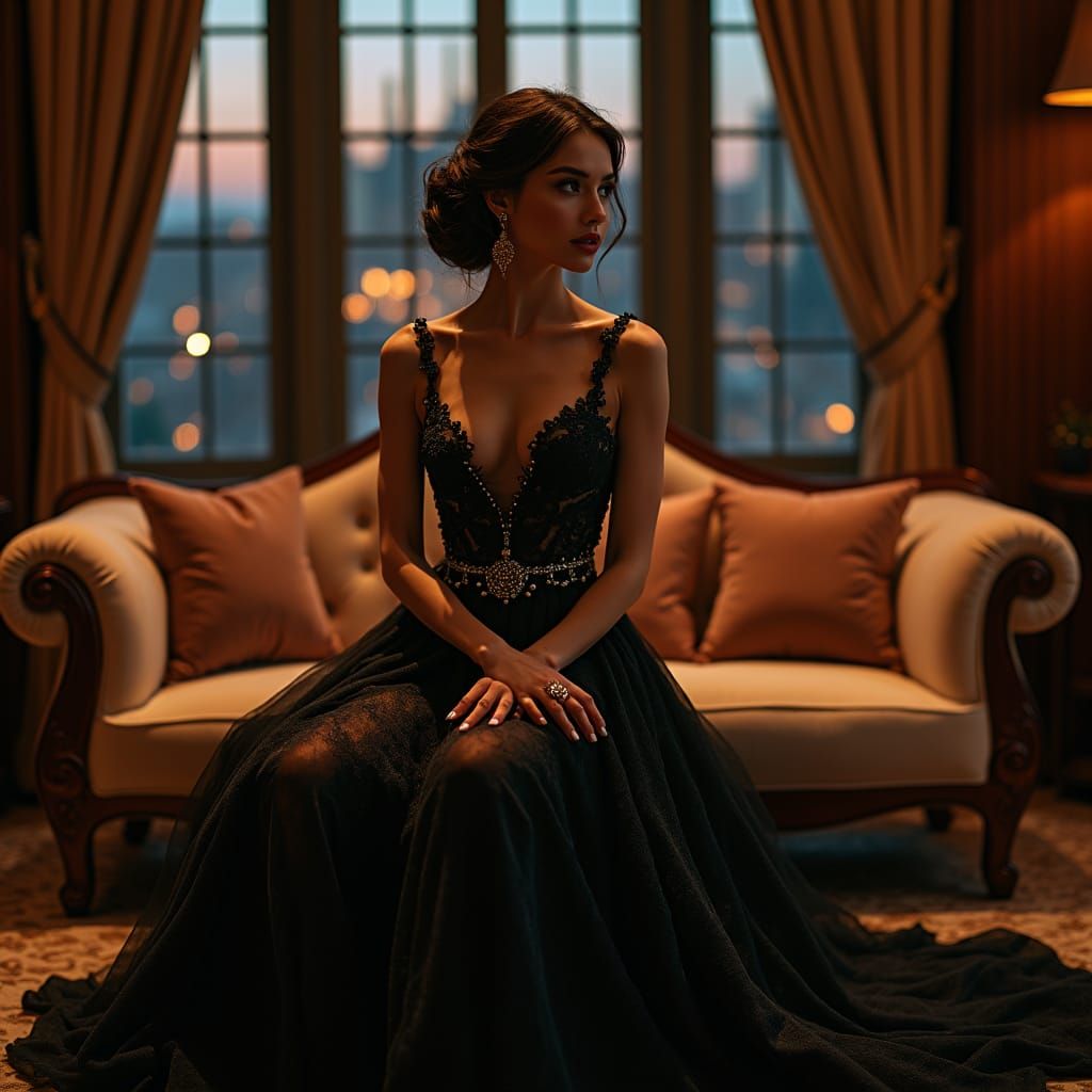 Elegant Woman in Gown with Cityscape View