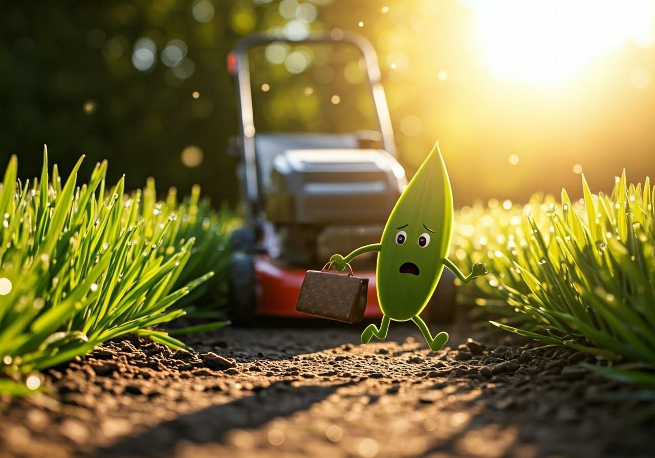 Anthropomorphic Grass Runs from Giant Lawn Mower
