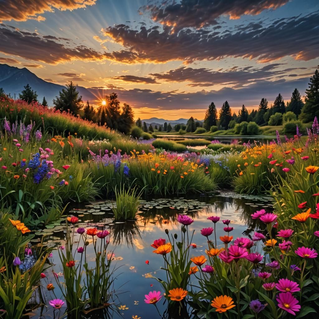 Vivid Floral Meadow with Reflective Pond at Sunset