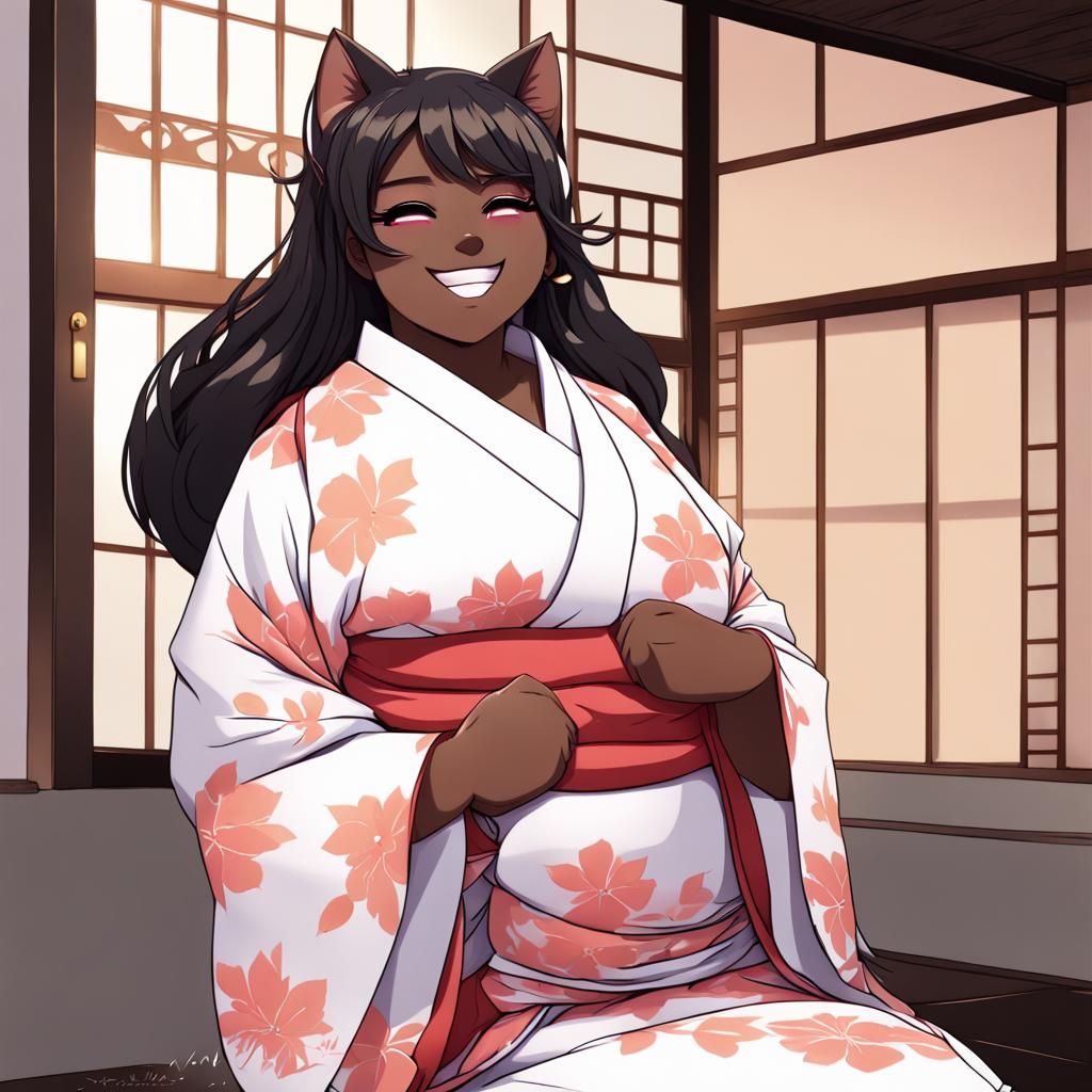 Ebony Cat Girl in Kimono, Anime Style