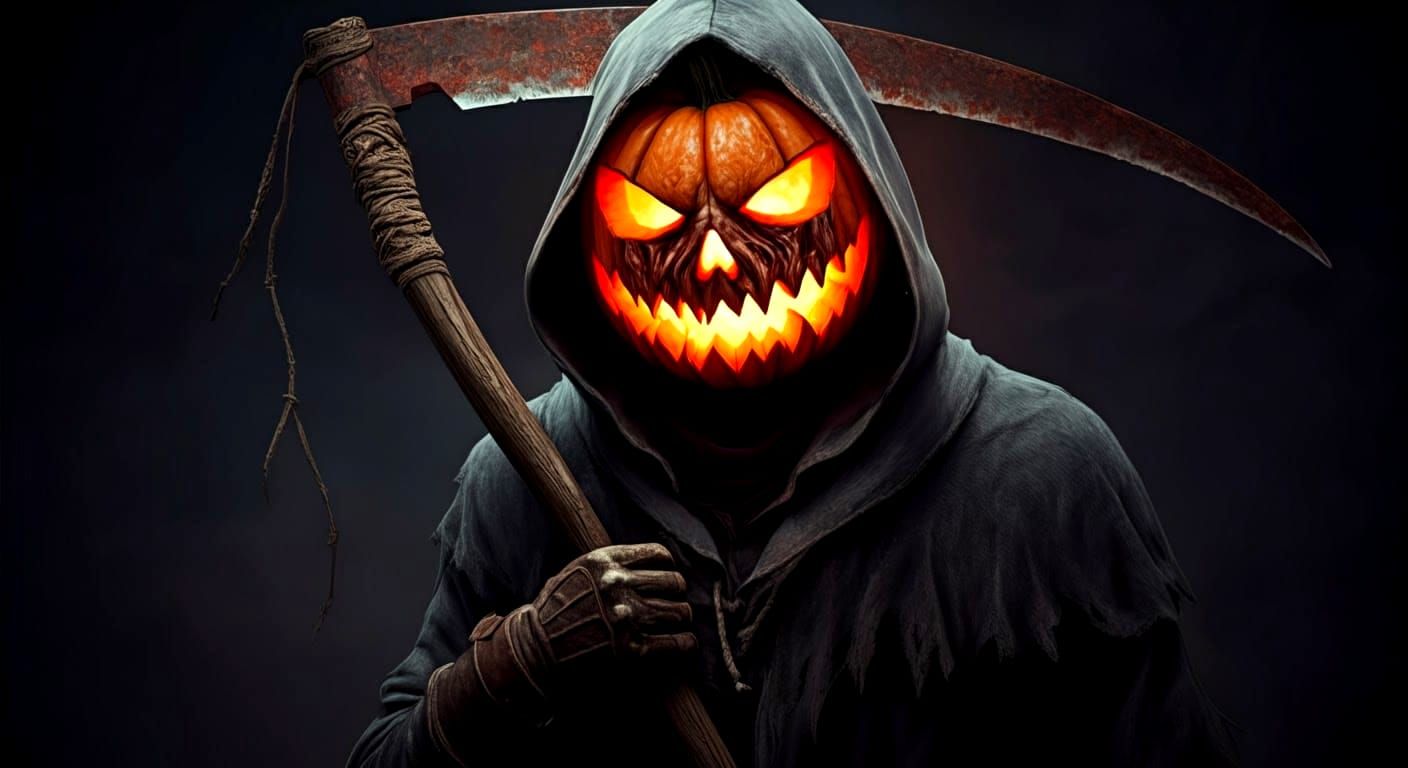 Hooded Jack-o-Lantern Figure with Scythe