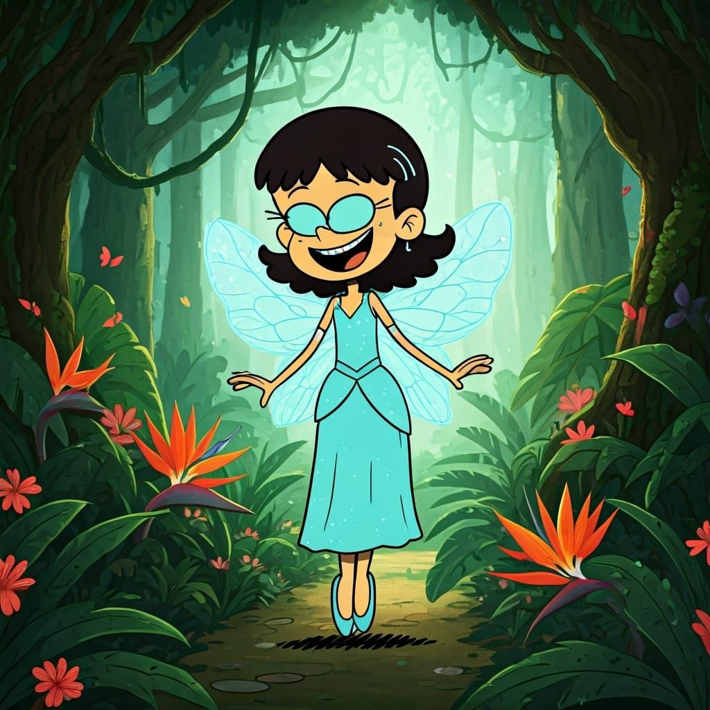 Imagine Stella Zhau from The Loud House as a turquoise fairy, flitting through a lush, tropical rainforest. She wears a ...
