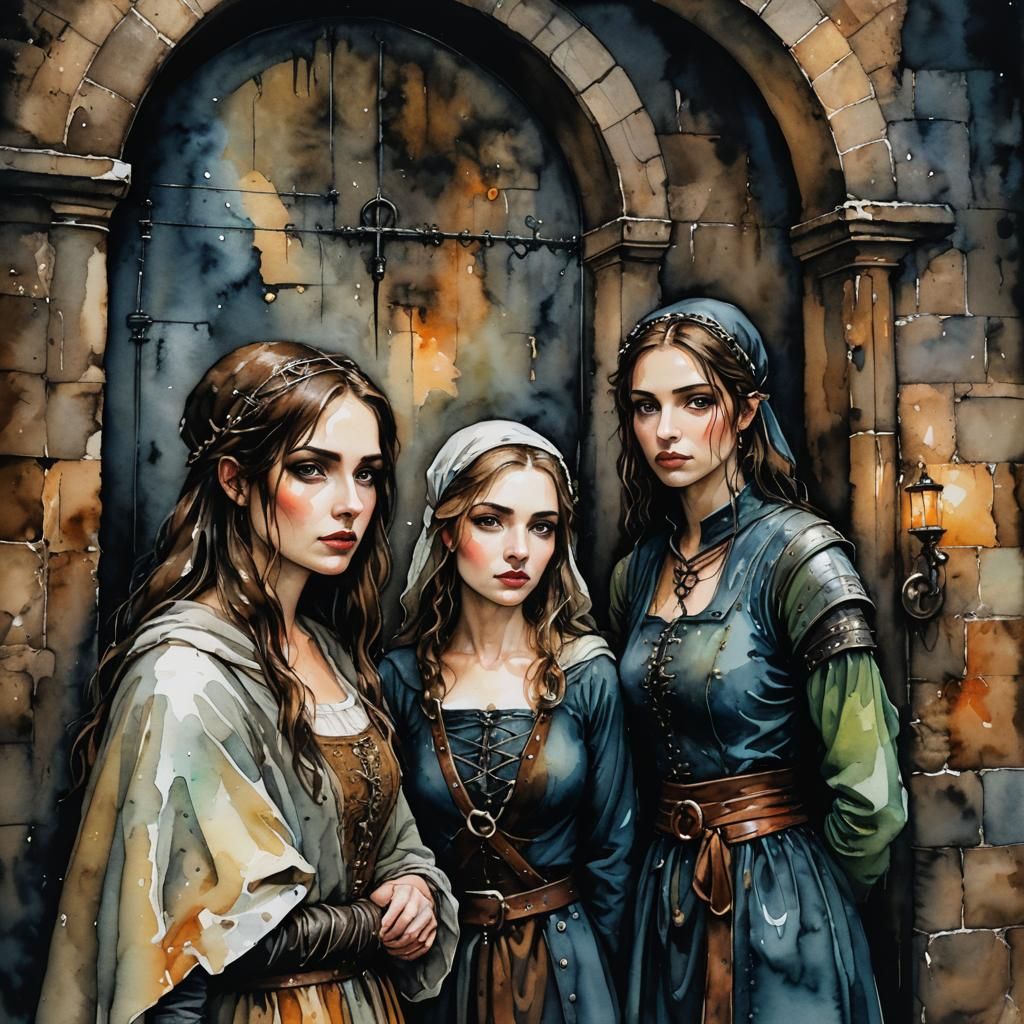 Medieval Dungeon: Captive Women in Abstract Watercolor