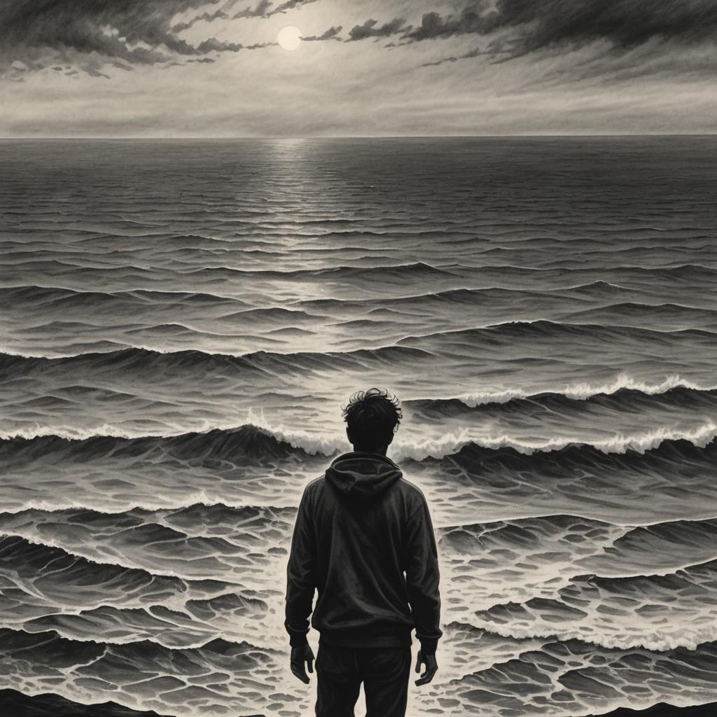 Charcoal Silhouette: Person Against the Sea
