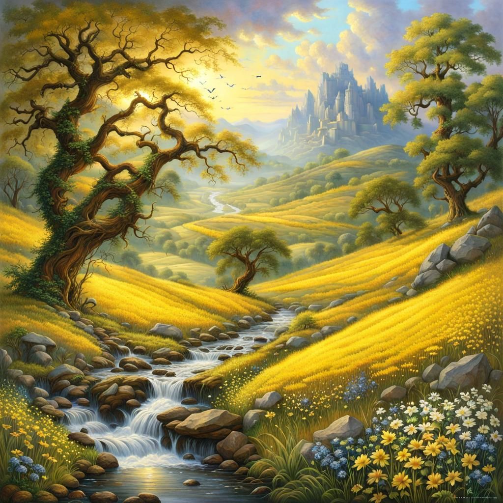 Sunlit Creek in Ancient Forest Landscape