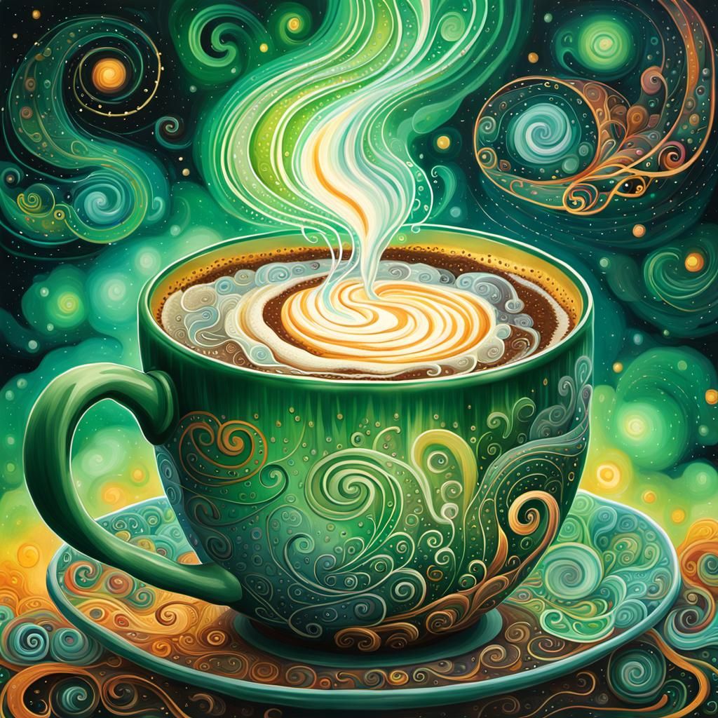 Coffee Cup Astral Illustration in Pablo Amaringo Style