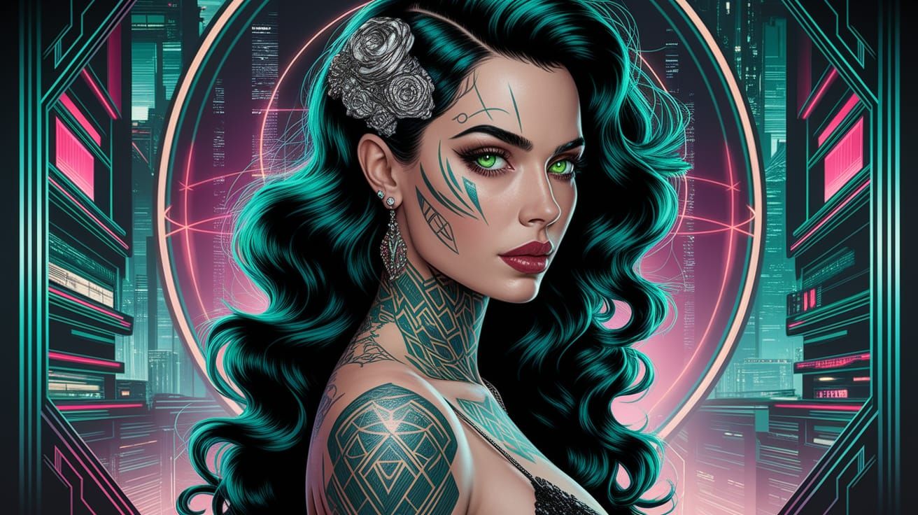 Cyberpunk Woman with Geometric Tattoos and Green Hair