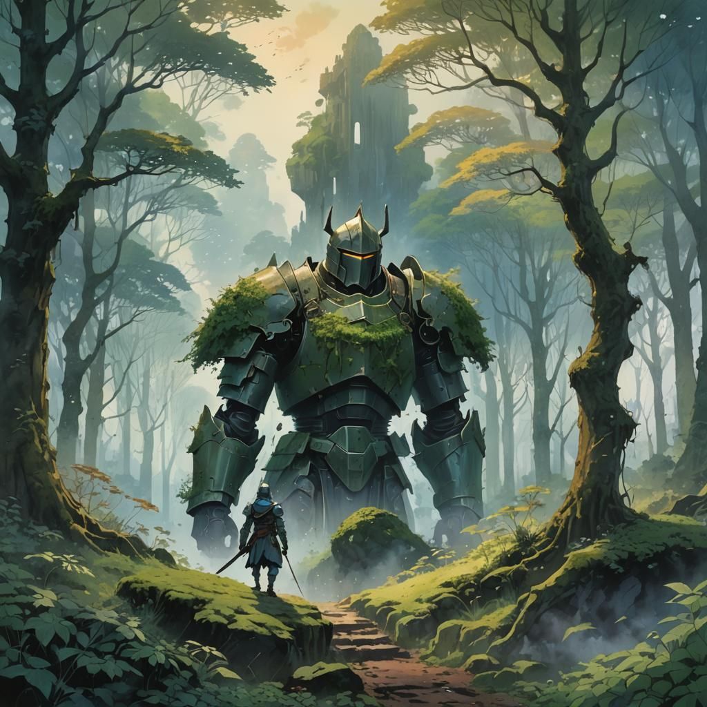 Knight's Journey to Celestial Monolith, Watercolor Vista