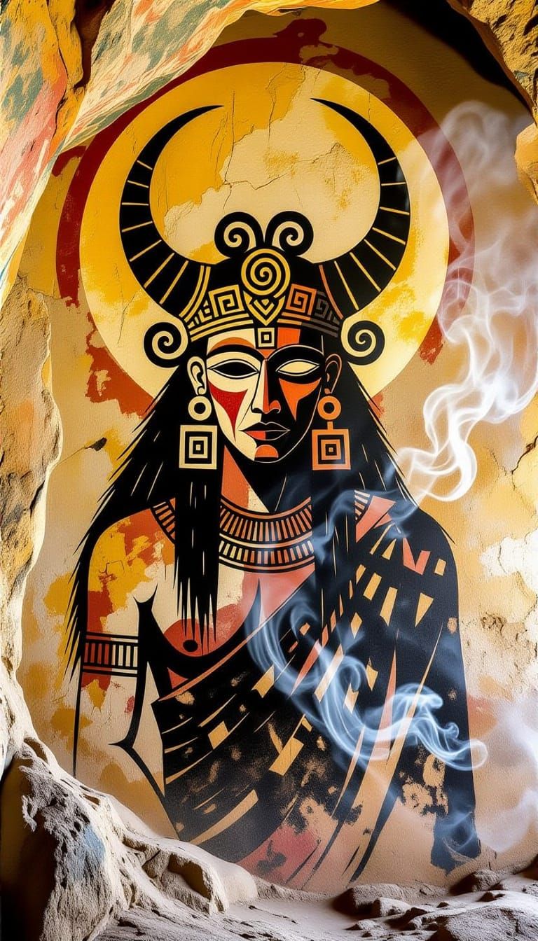 Ancient Horned Figure in Cave Painting Style