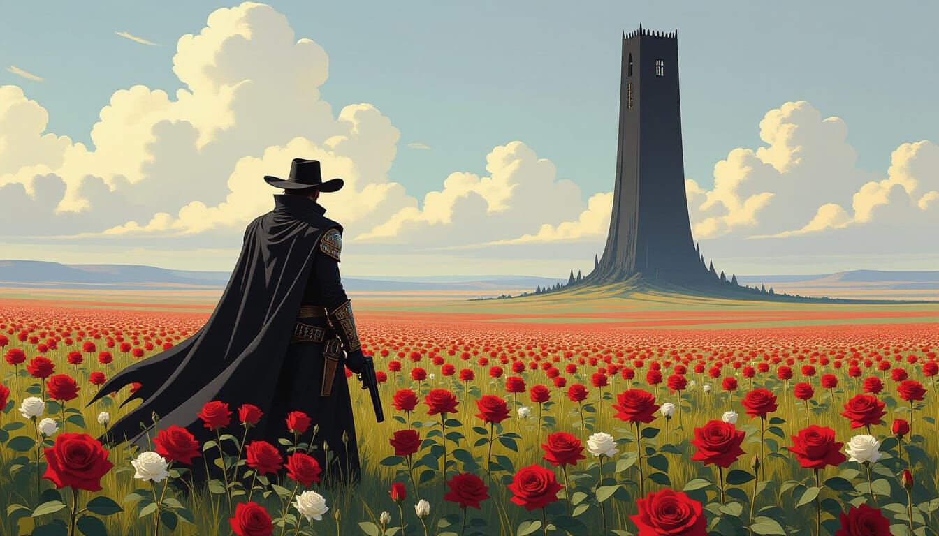 Lone Gunslinger in Rose Field, Distant Black Tower