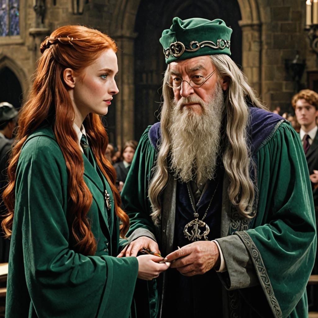 Redhead Slytherin Girl Talking to Dumbledore