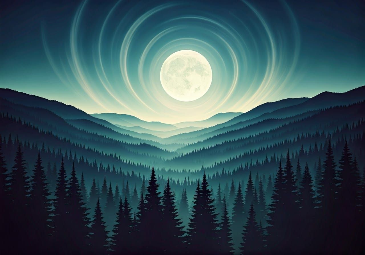Mystical Moon Over Forested Mountains in Cinematic Style