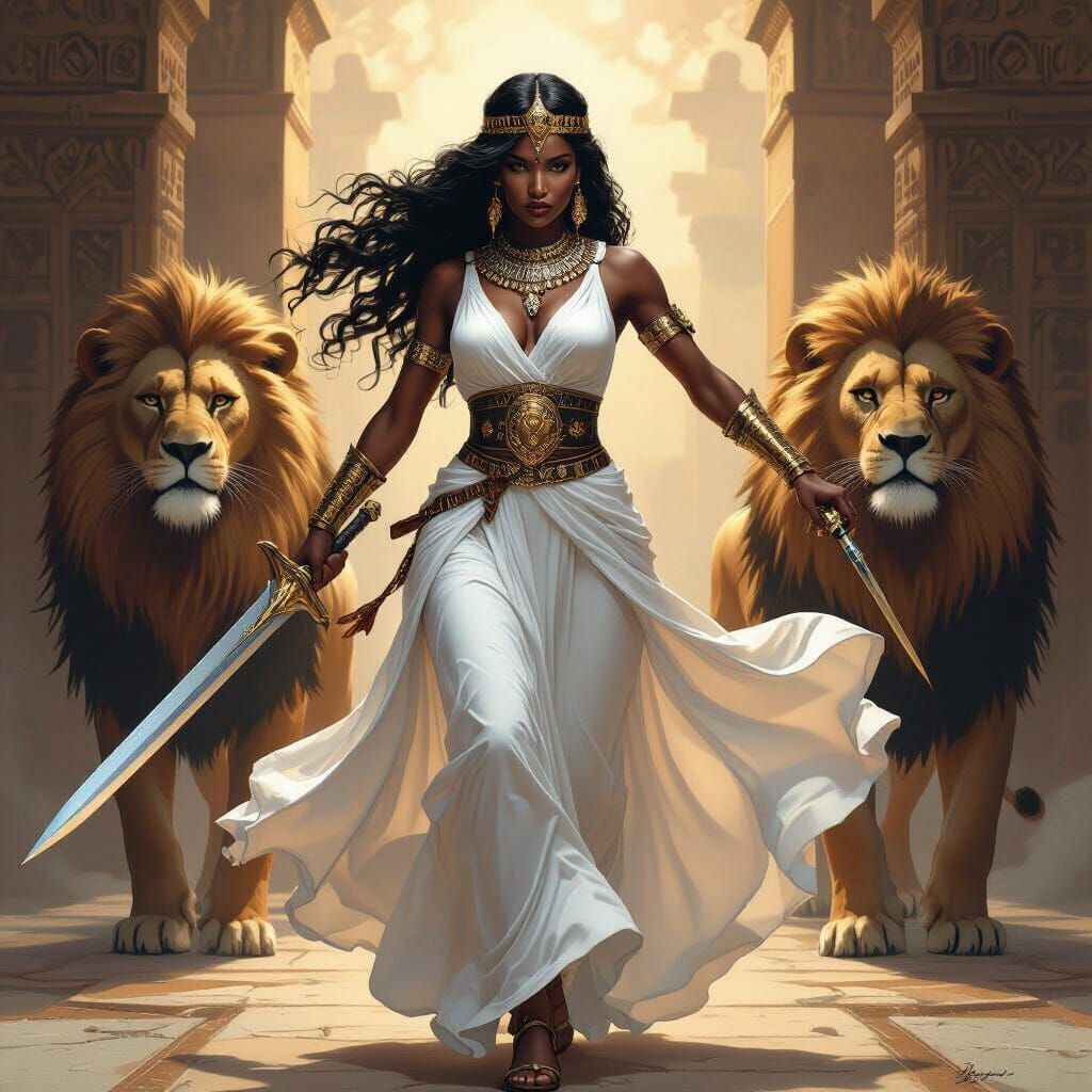 Nubian Warrior Queen Fights With Sword Beside Lion Guards