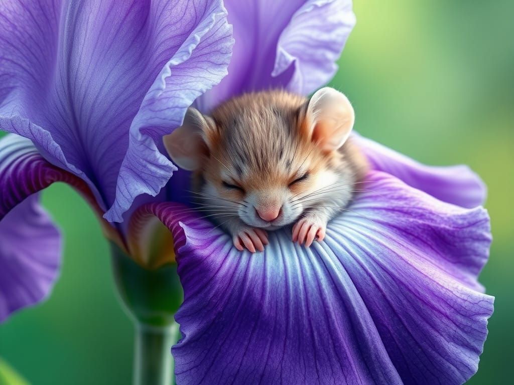 Surreal Mouse in Dreamlike Iris Bloom