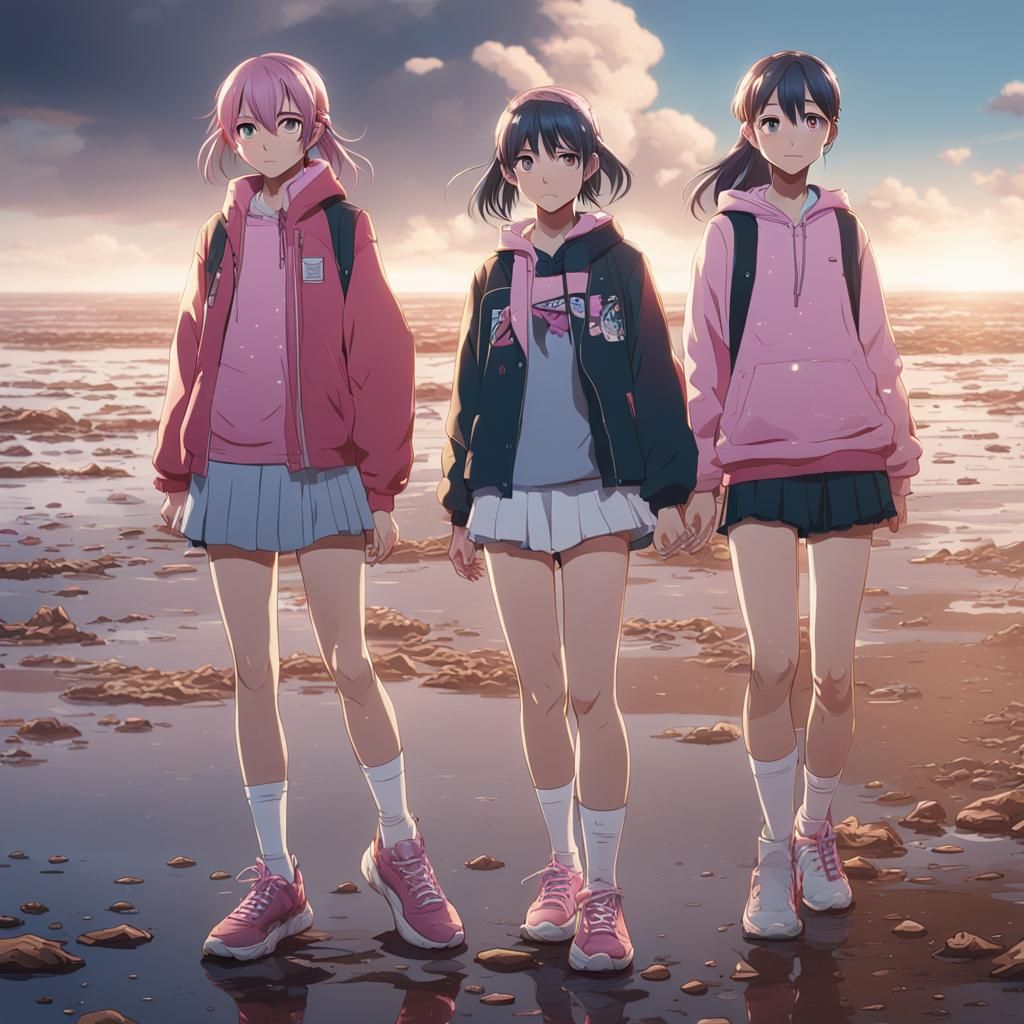 Anime Girls at Muddy Beach: Detailed Digital Art