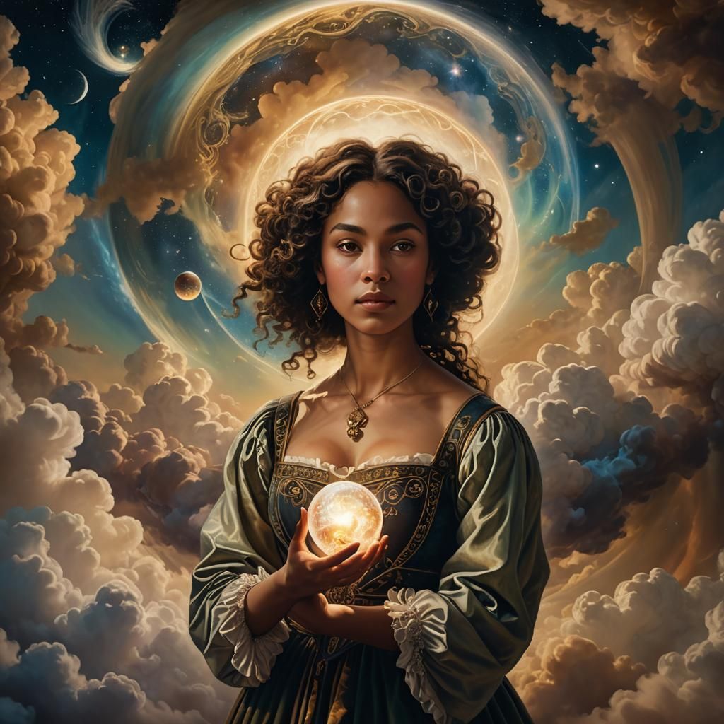 Renaissance Portrait with Mystical Orb and Aurora