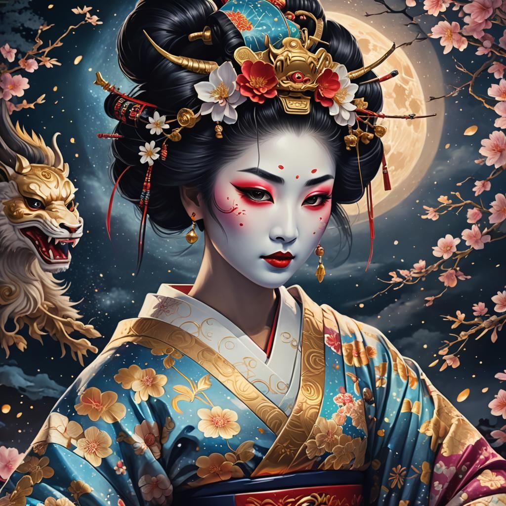 Geisha in Oni Mask Dancing Under Moonlight